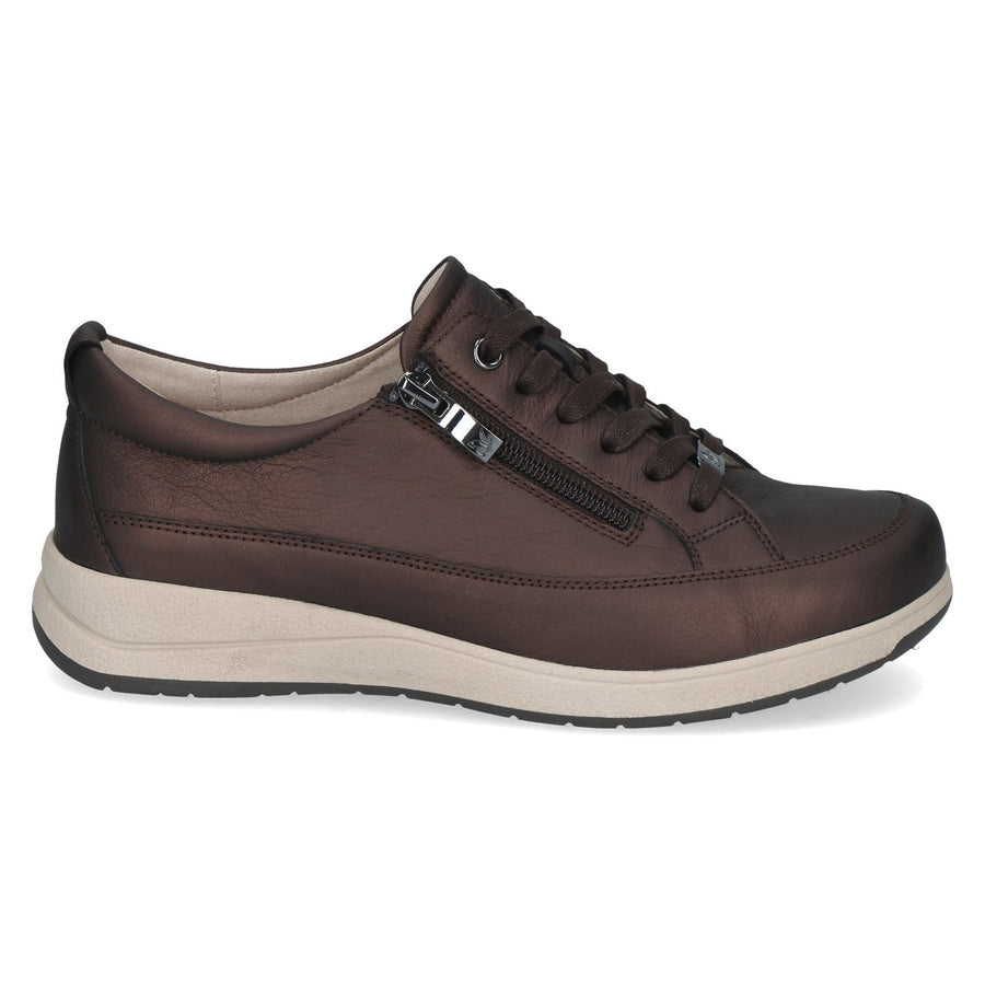 A dark brown leather low-top sneaker with a side zipper, black laces, and a beige and black sole, shown from a side profile on a white background.