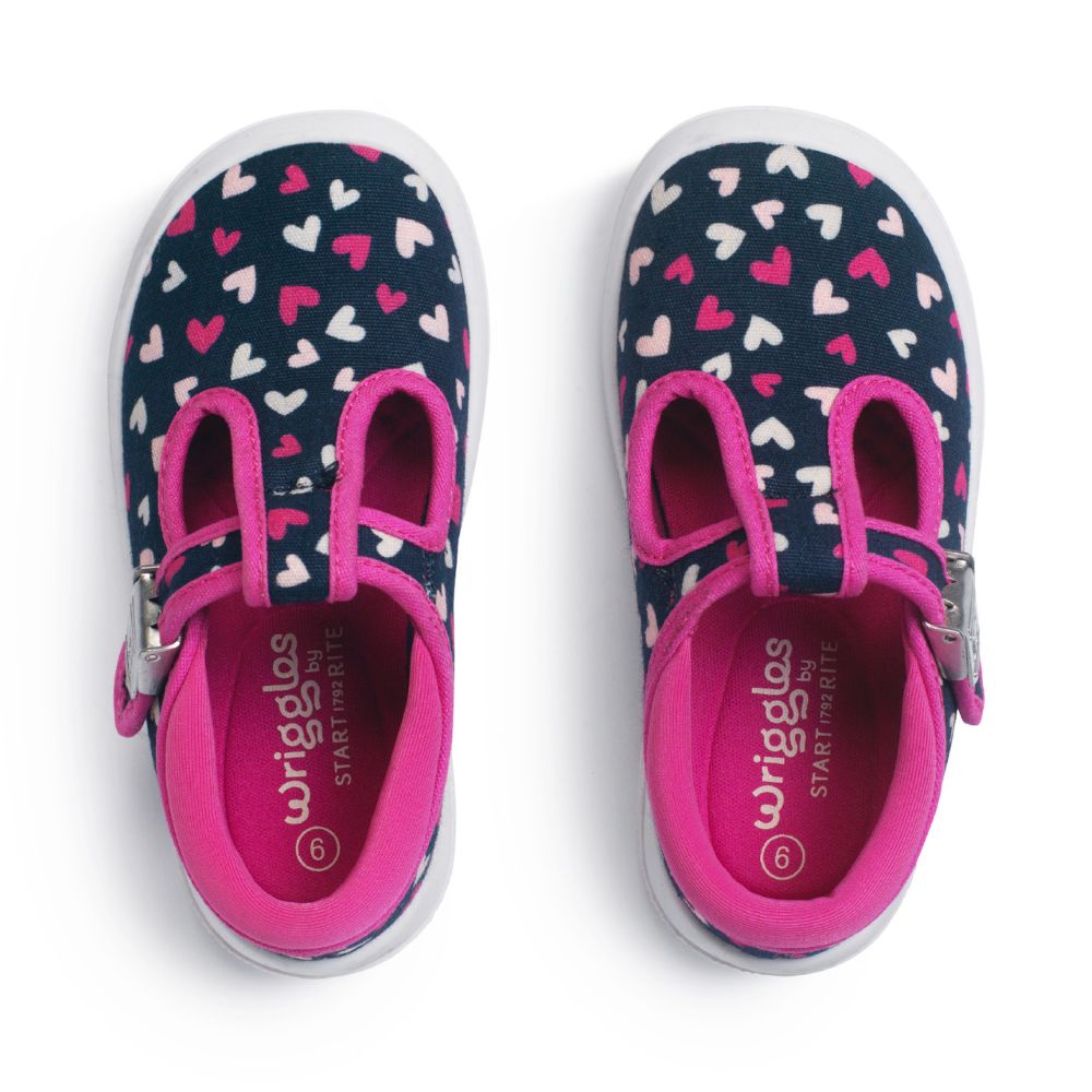 Start-Rite Wriggles T-Bar Navy/Pink Hearts Blue