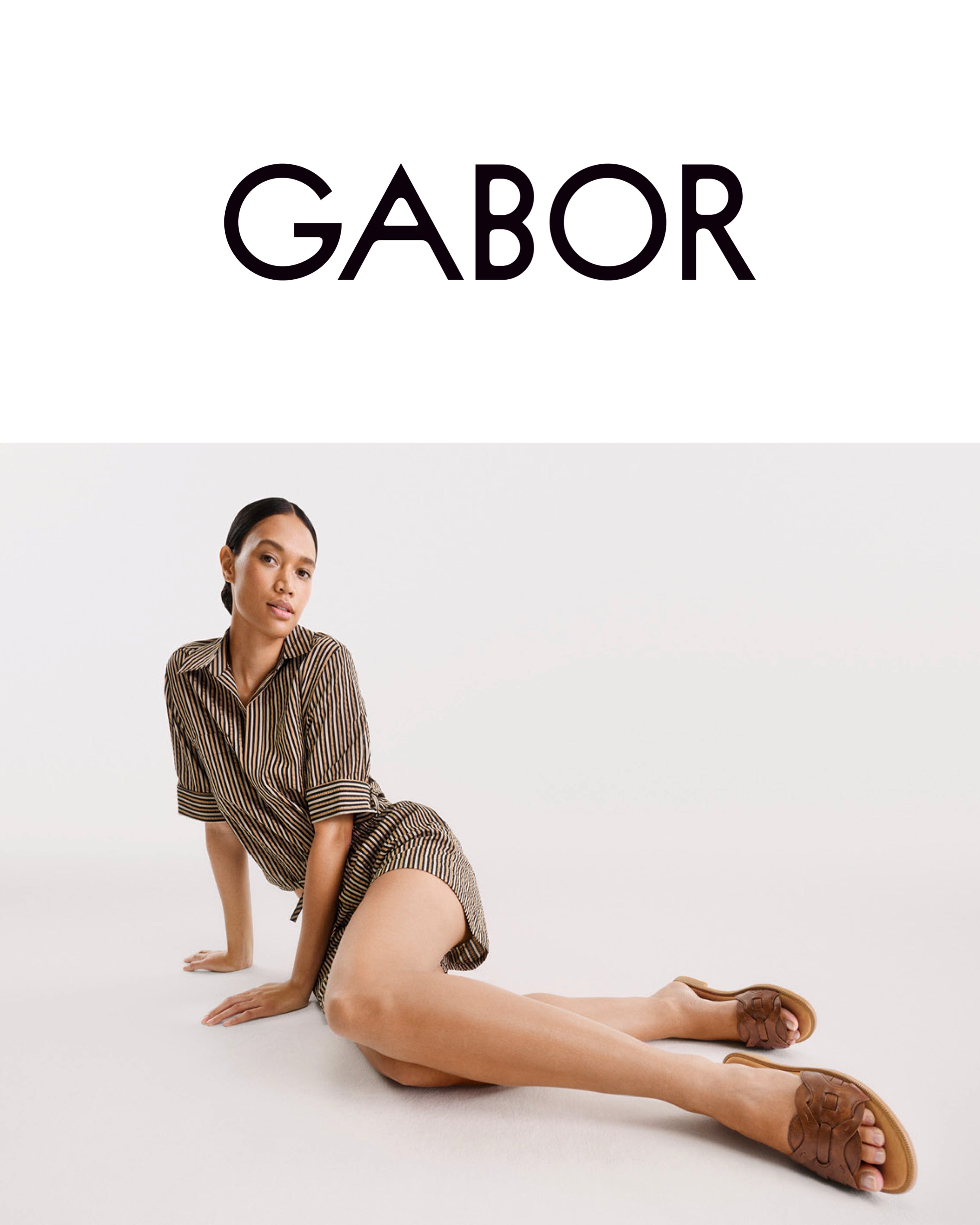Woman wearing Gabor shoes and stockings on a white background with 'Gabor' branding.