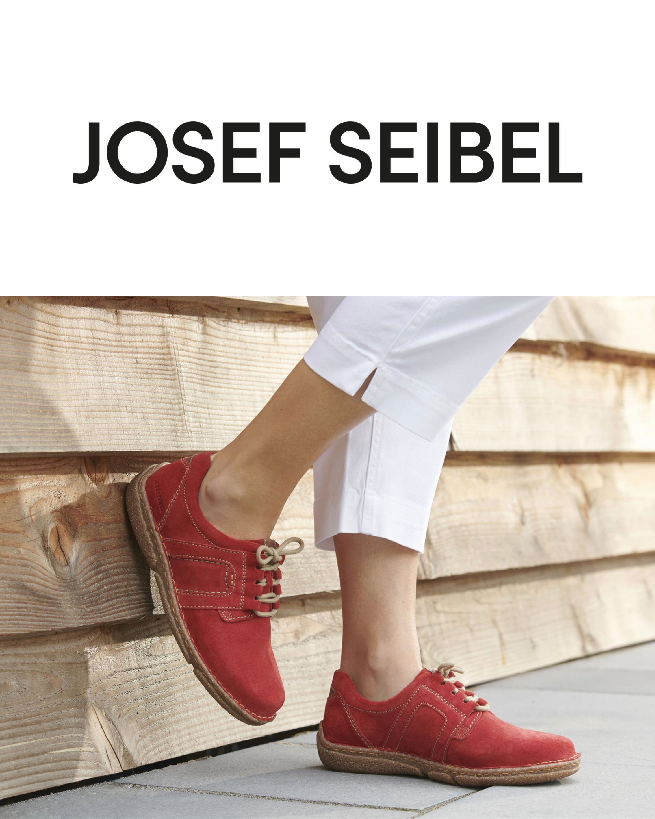 Person wearing red Josef Seibel shoes on a wooden deck.