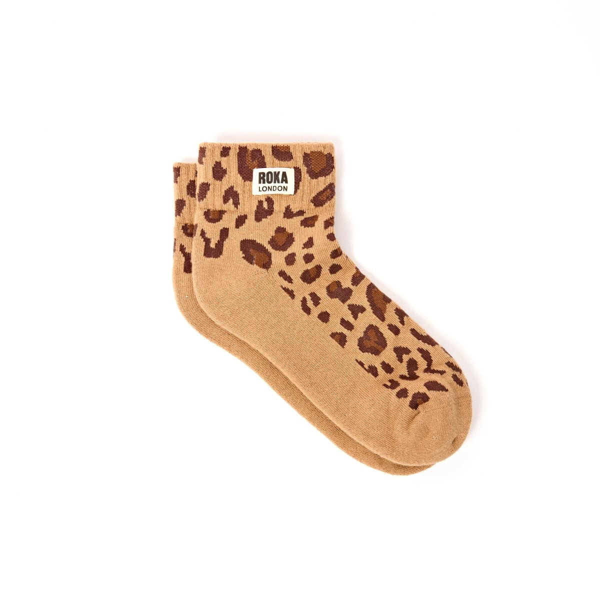 ROKA Wembley Crop Ankle Sock Savannah Leopard Sand Organic Cotton