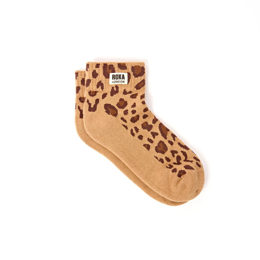 ROKA Wembley Crop Ankle Sock Savannah Leopard Sand Organic Cotton