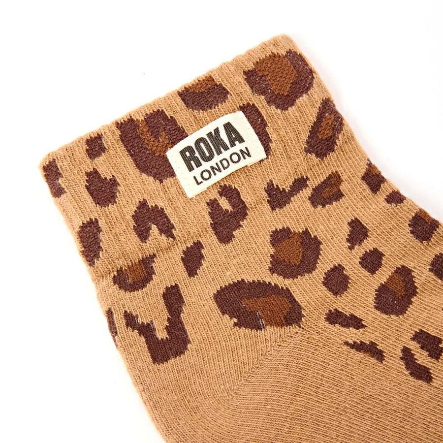 ROKA Wembley Crop Ankle Sock Savannah Leopard Sand Organic Cotton