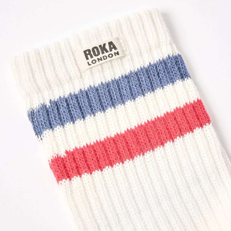ROKA Windsor Stripe Crew Sock Coastal Blue/Scarlet Organic Cotton