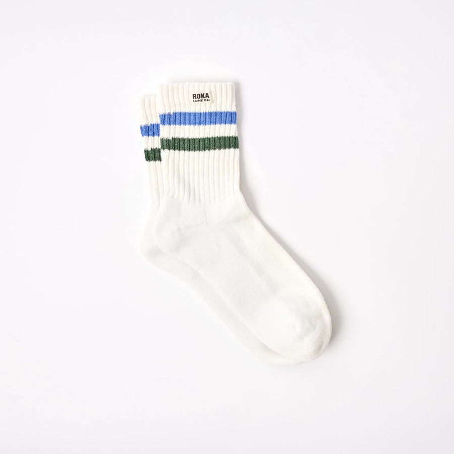 ROKA Windsor Stripe Crew Sock Malibu Blue/Forest Organic Cotton