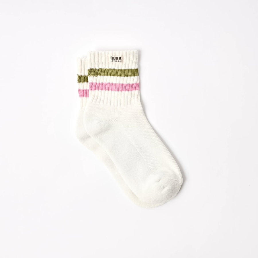 ROKA Windsor Stripe Crew Sock Avocado/Pink Carnation Organic Cotton