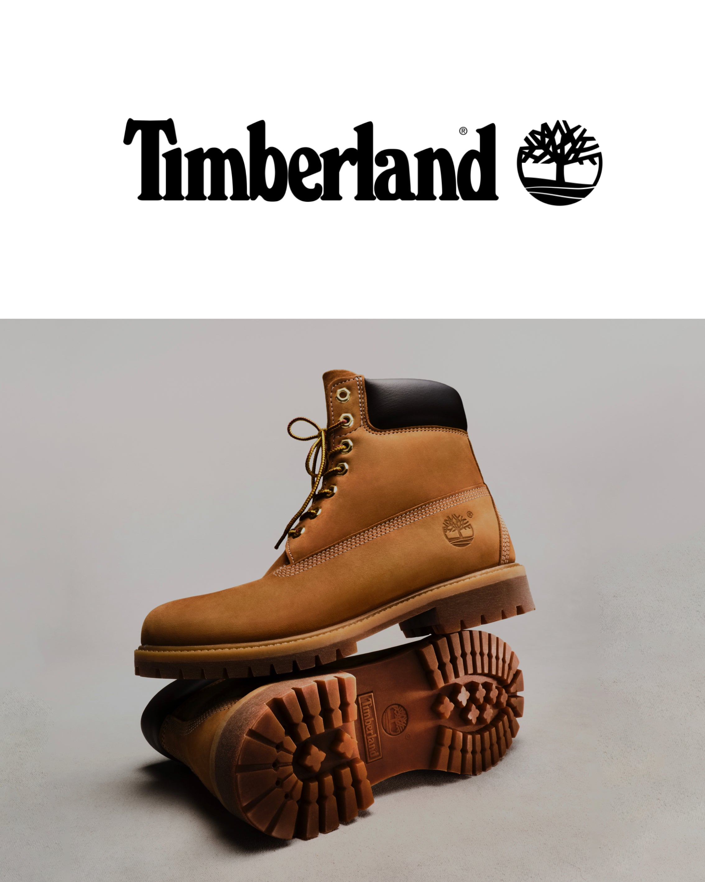 Timberland boot with stacked on a light gray background