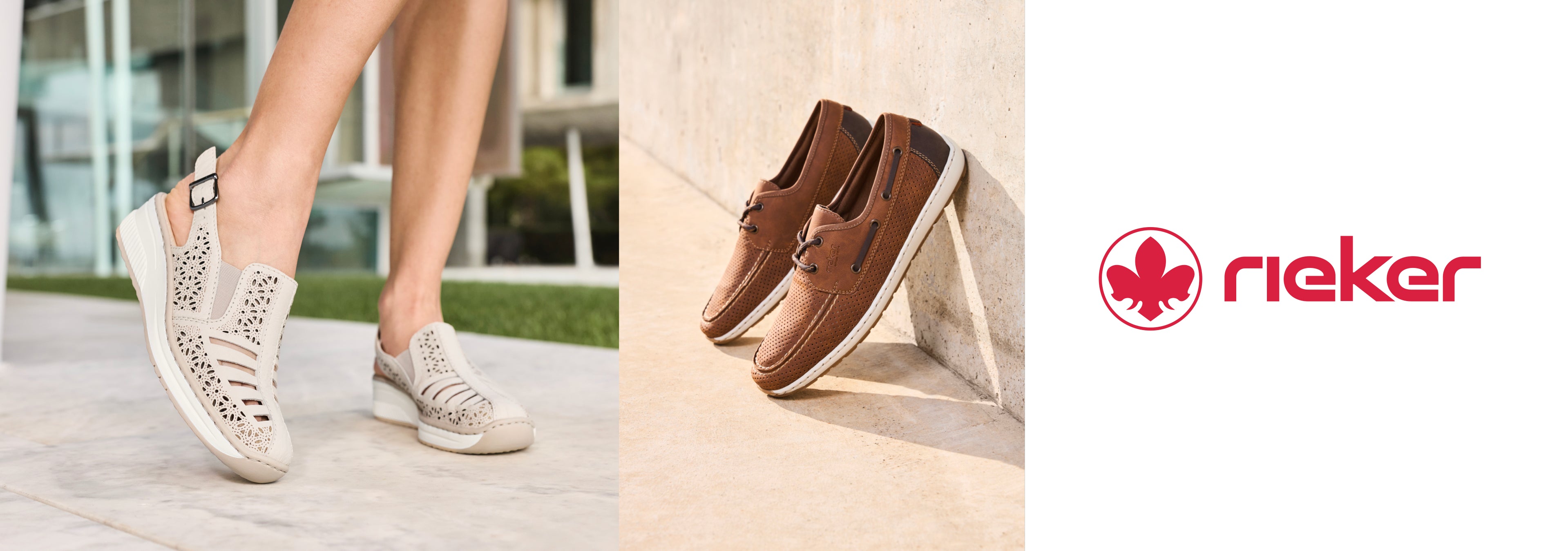 Two pairs of shoes with a Rieker logo on a white background