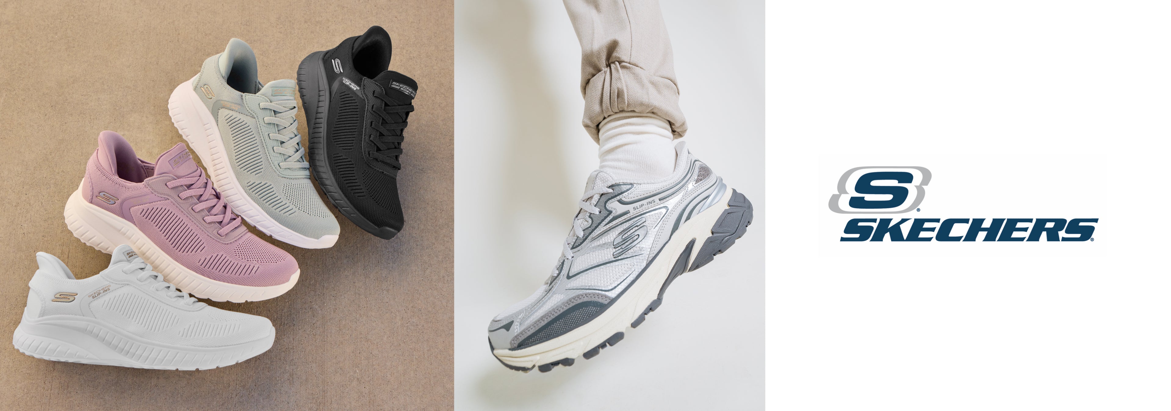 Skechers shoes displayed with a person wearing them, and the Skechers logo.