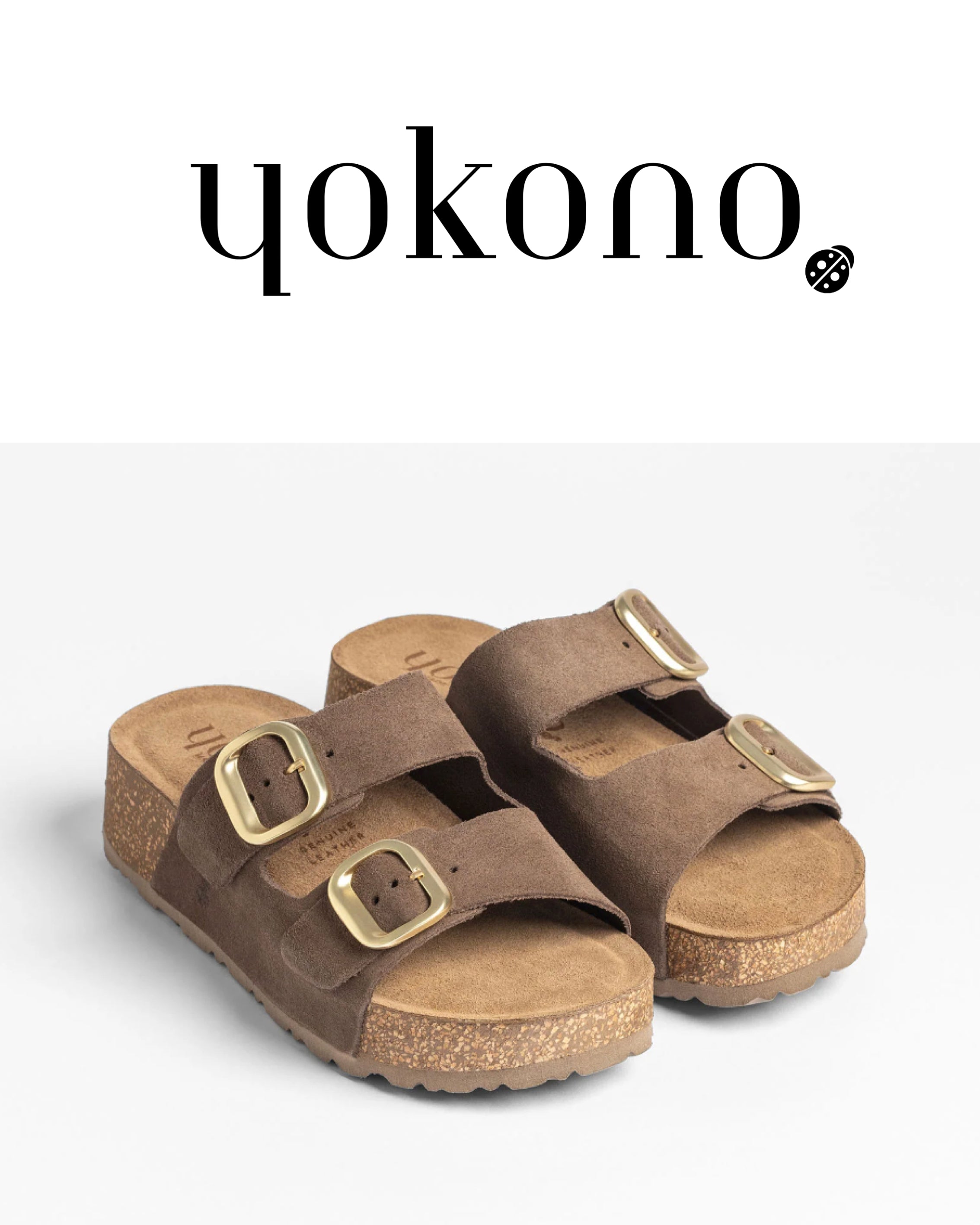 Brown sandals with gold buckles on a white background, featuring the 'yokono' brand.