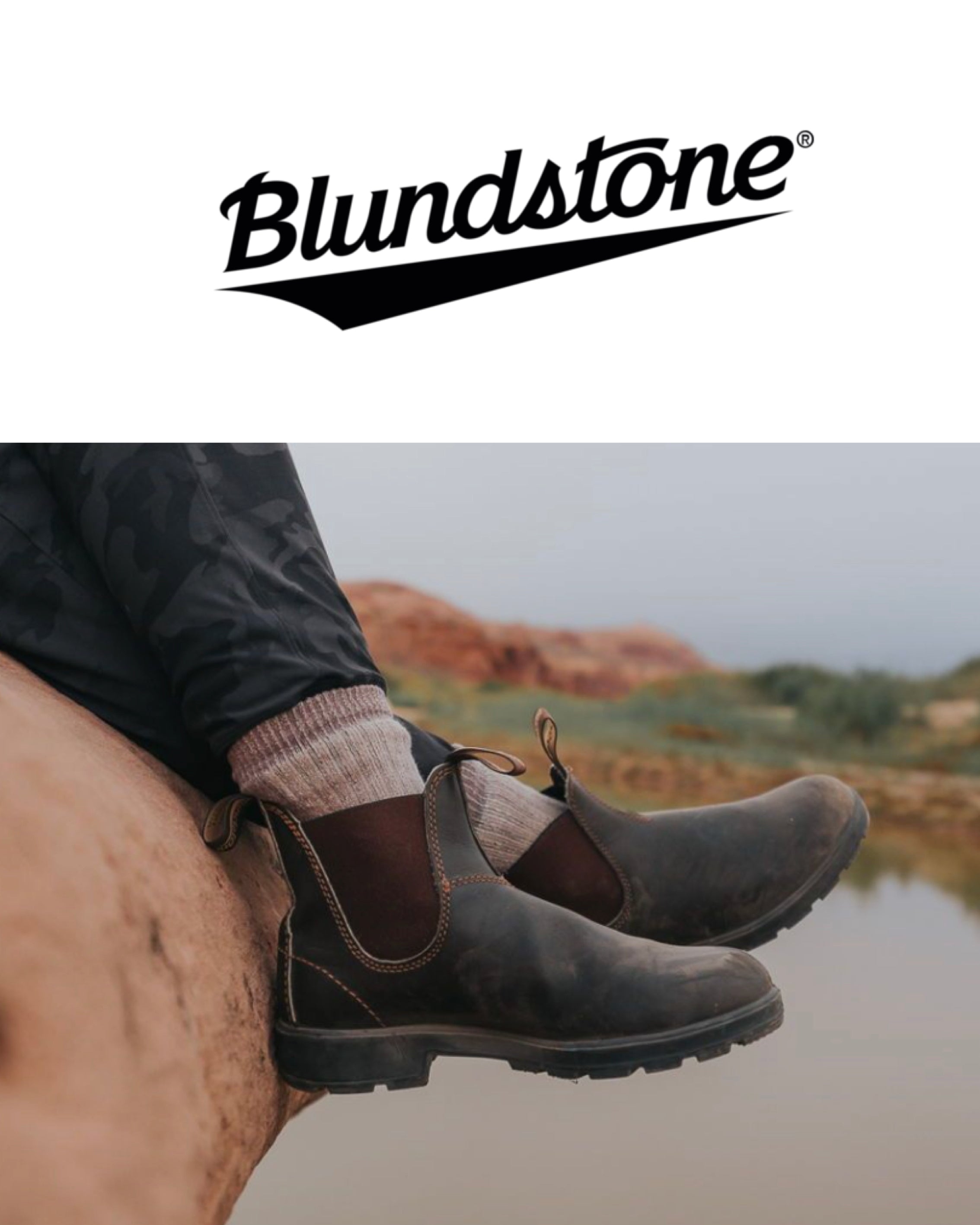 Blundstone logo with a person wearing boots sitting on a log by a body of water.