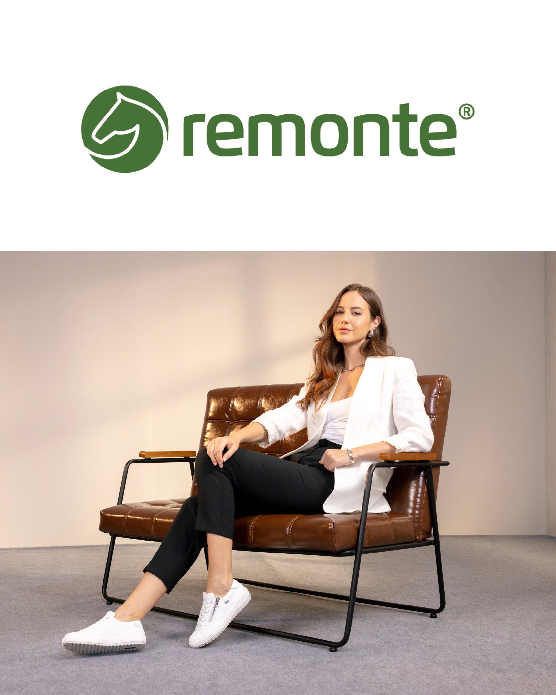 Woman sitting on a brown leather chair with Remonte logo above
